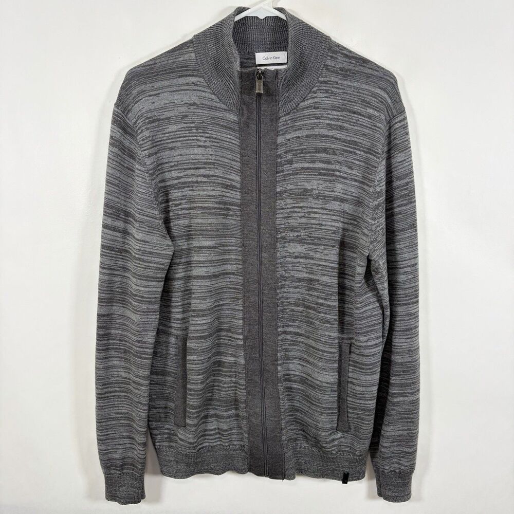 Calvin Klein Italian Yarn Full Zip Sweater Jacket Mens Large Gray Wool Blend
